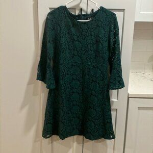 Lulu’s Women’s Forest Green Favorite Flair Lace Flounce A-Line Sleeve Mini Dress